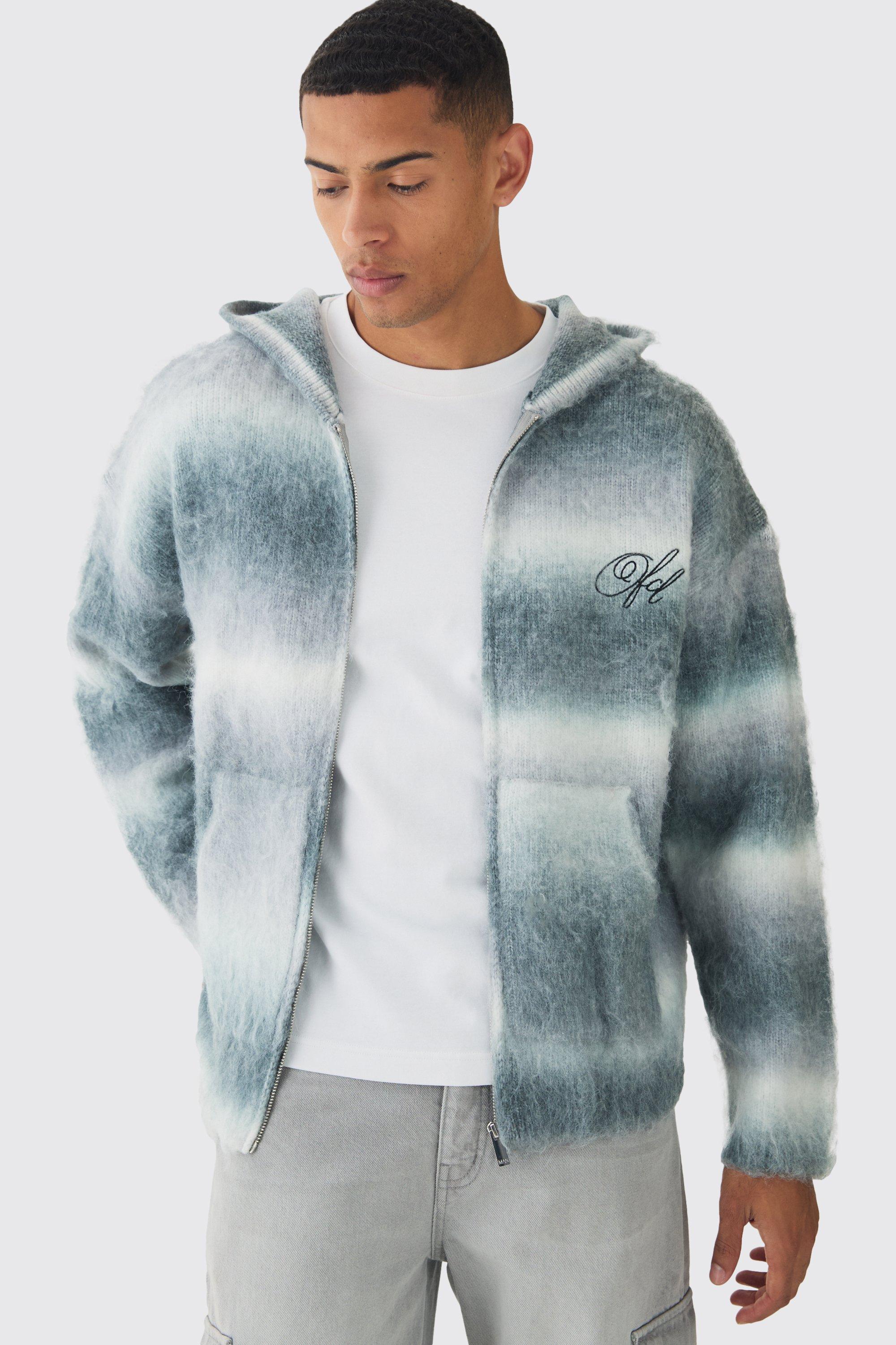 Mens Grey Oversized Boxy OFCL Brushed Ombre Stripe Knitted Zip Through Embroidered Hoodie, Grey